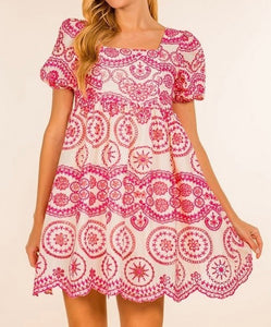 Embroidered  Puff Sleeve Square Neck Dress
