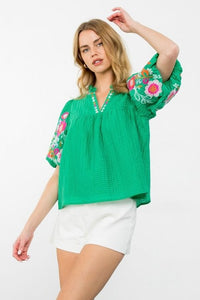 Puff Sleeve Sheer Embroidered Top