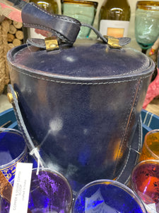 Navy Leather Ice Bucket and Tongs